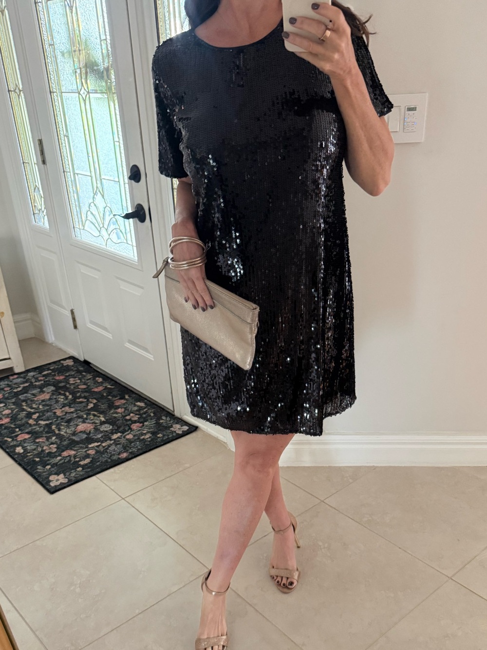 Nine West Black Sequin Short Sleeve Party Dress - Women size medium